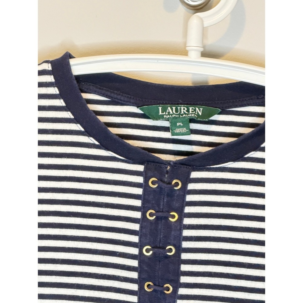 Lauren Ralph Lauren Navy White Striped Grommet Lace Up Top 3/4 Sleeve Petite L - Picture 6 of 8